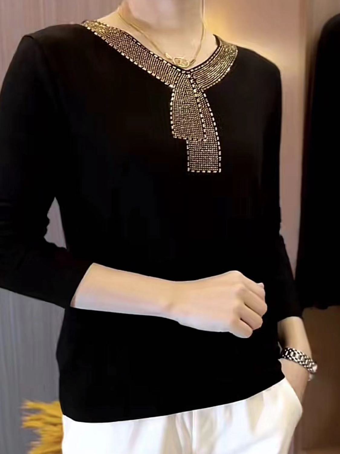 💥【Bumbac pur îmbunătățit】✨Bluză modernă și elegantă cu mânecă lungă și strasuri la guler