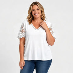 🛍️ Colecția Vară 2026: Tricou Damen Elegant cu Dantescă Brodată și Decolteu în V 💖 Croială Lejeră & Stil Romant | 7 Culori, Mărimi S-5XL
