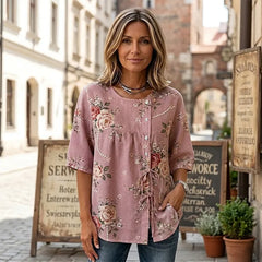 🌸👕Tricou elegant din bumbac și in, cu broderie florală rafinată în relief