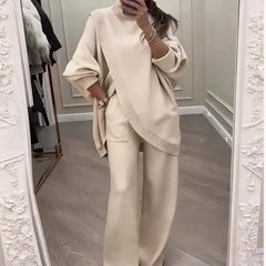 🔥【Reducere la Produs Nou - În Curând la Prețul Original】🔥Set Tricotat Casual Modern【Pulover Asimetric + Pantaloni Lărguți】