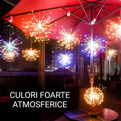 Set 4 în 1 Artificii Solare Suspendate, Ghirlandă Luminoasă cu 240 LED-uri, Panou Solar Mare și Telecomandă, Impermeabil pentru Camping și Grădină