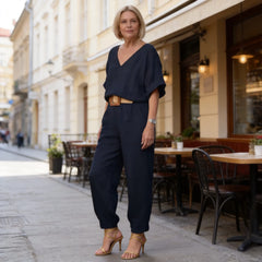 Compleu Damă Elegant din In și Bumbac: Bluză Lejeră în V și Pantaloni Lungi, Material Moale, Respirabil și Răcoros