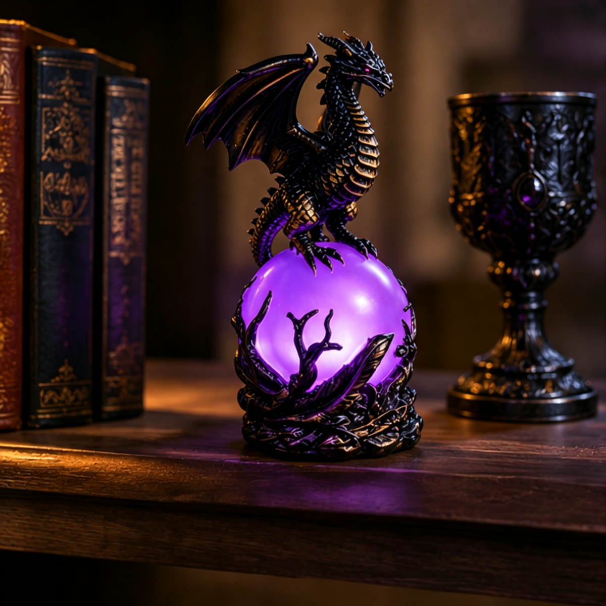 Figurină Gotică Dragon Negru cu Glob Luminos LED Violet, Sculptură Rășină, Lampă Veghe