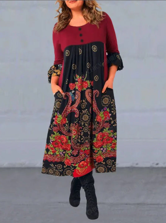 💝Rochie nouă, modernă și retro, imprimată, cu mâneci lungi și buzunare
