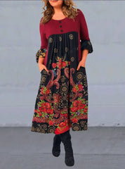 💝Rochie nouă, modernă și retro, imprimată, cu mâneci lungi și buzunare