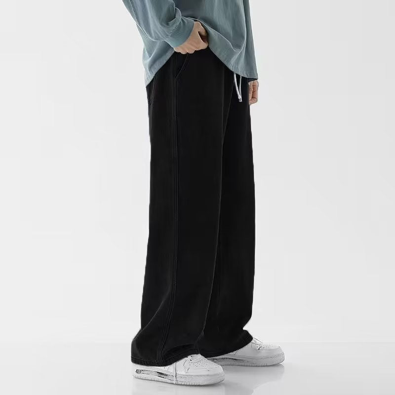 Pantaloni din denim retro pentru bărbați, model spălat, uni, croială largă și dreaptă, stil casual versatil