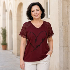 【Ideal pentru femei | Mărimi mari】Tricou la modă cu decolteu în V și inserții din dantelă
