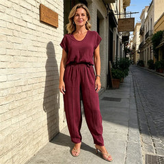 Salopetă de Damă Casual cu Pantaloni Lungi Harem și Talie Elastică – Mânecă Scurtă Căzută, Material Moale, Respirabil și Confortabil