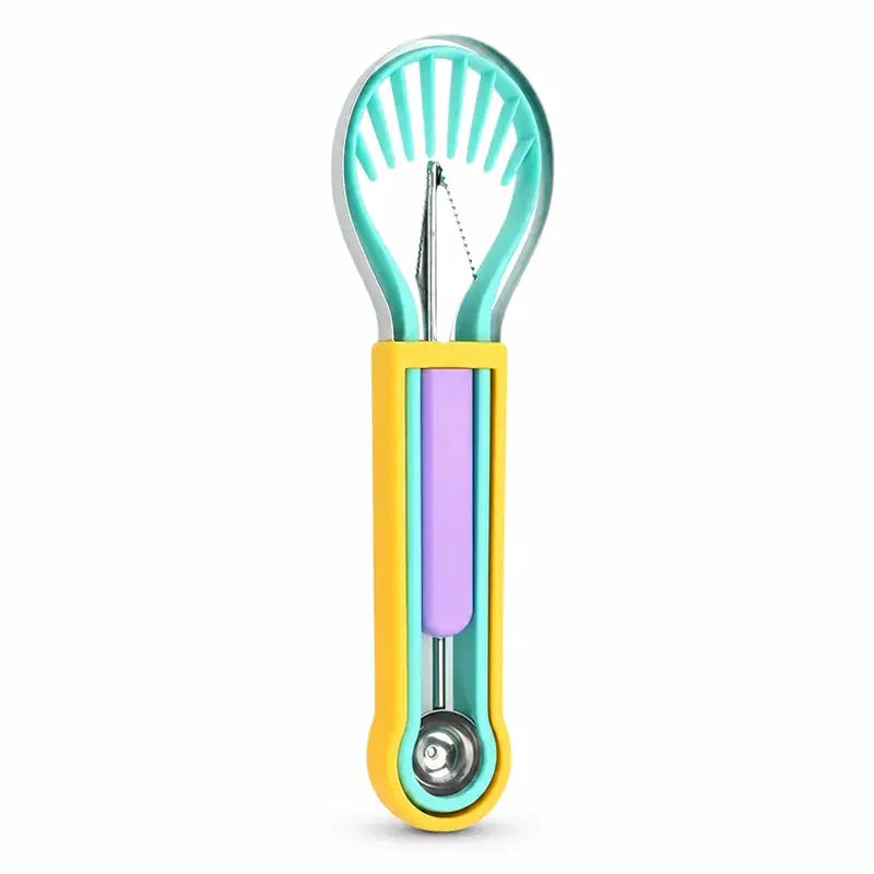 Set Multifuncțional 3 în 1 din Oțel Inoxidabil – Instrument pentru Cupat, Modelat și Curățat Fructe (Pepene, Pepene Galben, Kiwi) 🍉 Melon Baller & Carver Set