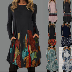 Rochie cu imprimeu și gât rotund 2026, cu buzunare