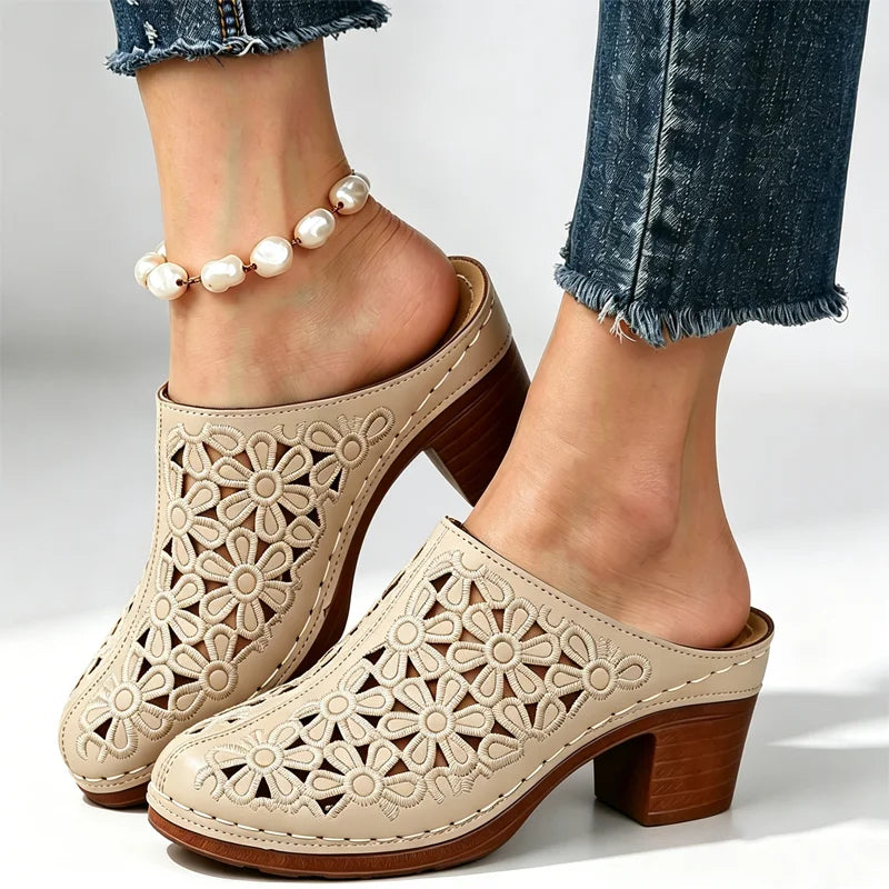 👡🌸Papuci retro cu toc înalt și decupaje florale
