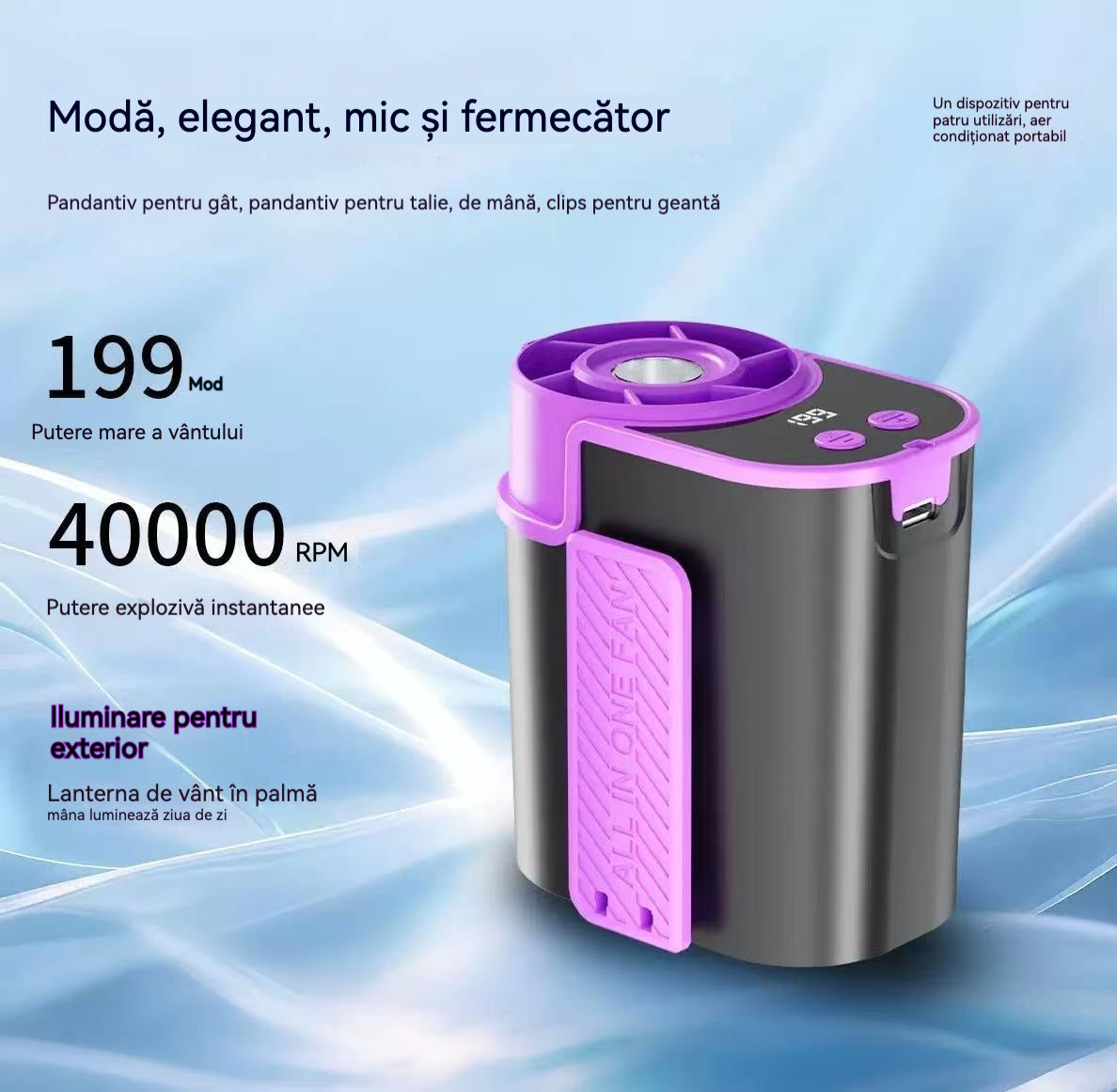 🌀 Ventilator Portabil Mâini Libere cu Ecran LED, Clip Integrat și 199 de Nivele de Reglare