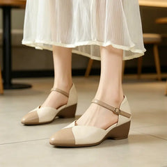 👠 Pantofi cu toc tip wedge, stil francez retro, cu design în culori contrastante
