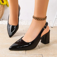 Pantofi de Damă Eleganți din Piele Lăcuită Vișinie – Toc Gros și Vârf Ascuțit, Stil Slingback Rafinat