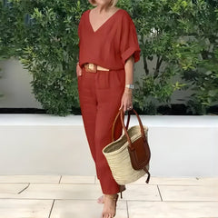 Compleu Damă Elegant din In și Bumbac: Bluză Lejeră în V și Pantaloni Lungi, Material Moale, Respirabil și Răcoros