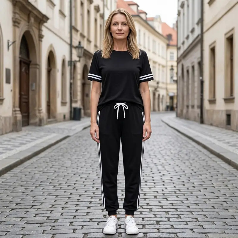 Costum Sport de Damă din 2 Piese, Tricou și Pantaloni Trening cu Dungi Laterale, Material Moale și Elastic, Set Casual pentru Casă și Timp Liber, Diverse Culori
