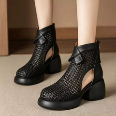 👢Cizme sandale înalte cu talpă groasă, țesătură elegantă și design împletit perforat