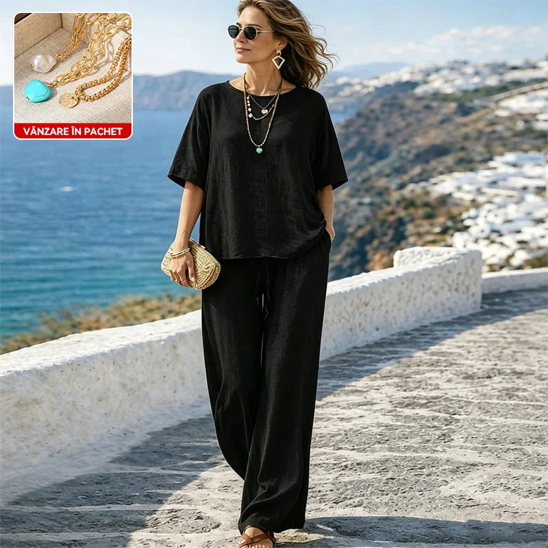 🏖️ Set casual de vacanță din in｜La comandă primești cadou un set de 3 coliere cu turcoaz – super avantajos✨