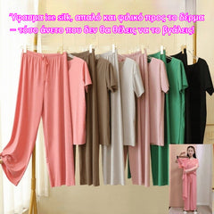 ❤️【M-4XL】Bluză mătăsoasă moale cu mânecă scurtă + pantaloni largi ❤️ Set din 2 piese