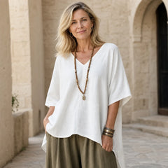 Bluză de Damă Oversize din In și Bumbac, cu Guler în V, Material Moale, Ultra-Respirabil și Prietenos cu Pielea, Stil Casual-Boho