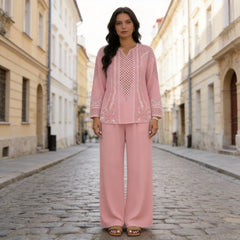 Compleu Damă Elegant din 2 Piese: Bluză cu Imprimeu Vintage și Pantaloni Largi, Material Moale, Respirabil și Lejer