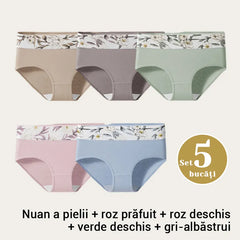 🩲【Set de 5 bucăți】Chiloți cu talie înaltă, margini florale și protecție antibacteriană