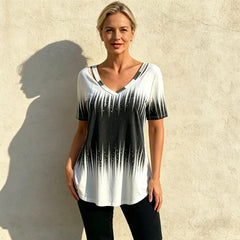 👕Tricou casual din bumbac, cu decolteu în V și imprimeu — efect degrade pentru un look mai modern