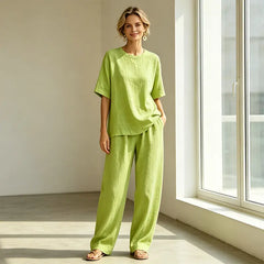 Set Casual de Vară din 2 Piese pentru Femei: Bluză cu Mânecă Scurtă și Pantaloni Lungi Largi, Material Respirabil cu Textură In