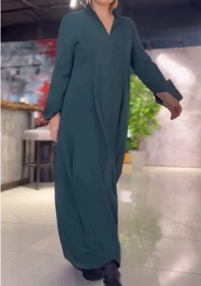 💋【35% OFF】【S-3XL】Αμιγές χρώμα V-λαιμός μακρύ μανίκι casual φόρεμα
