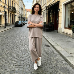 Compleu Vară Damă 2 Piese Lejer: Tricot Fin Moale, Tricou Oversized și Pantaloni Largi Fluizi, Material Respirabil și Fin la Atingere