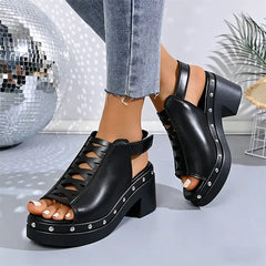 Sandale de Damă cu Toc Gros și Platformă (8cm) - Piele Lucioasă, Stil Retro cu Capse