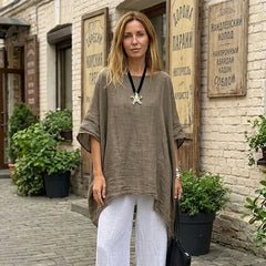 Bluză de Vară Oversize din In și Bumbac pentru Femei, Cămașă Lejeră cu Tiv Asimetric, Stil Boho Casual, Material Respirabil, Mărimi Mari