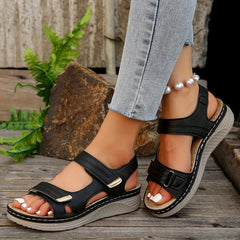 🌟【36-43】Sandale cu pană cu vârf deschis pentru femei Comfy Chic - Curea de fixare cu cârlig și buclă,（Husă falsă, îmbrăcăminte pentru toate anotimpurile）