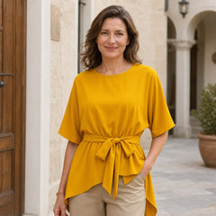 Tricou Elegant în Stil Francez din Bumbac, cu Talie Reglabilă cu Șnur