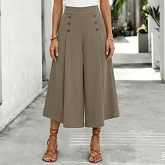 Pantaloni Largi Eleganți cu Talie Înaltă și Butoni Decorativi - Design Asimetric, Stil Modern