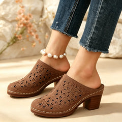 👡🌸Papuci retro cu toc înalt și decupaje florale