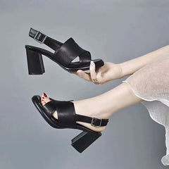 👡【Mărimi 35-40】Sandale la modă din piele naturală cu toc înalt, stil peep-toe, vârf deschis