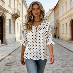 🧸👚 Bluză de vară din șifon, cu mânecă scurtă, imprimeu la modă și detaliu cu șnur