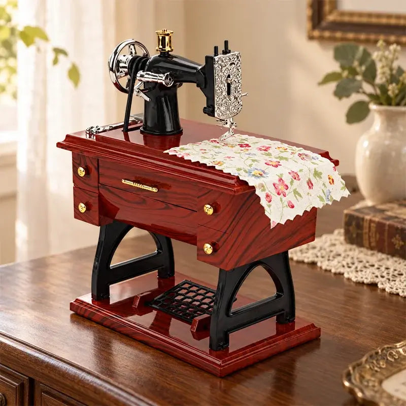🧵 Cutie Muzicală în Stil Retro - Mașină de Căsătorit și Cusut Vintage! Mecanism cu Arc (Fără Baterii) · Sertar Interactiv · Un Cadou Plin de Emoție pentru Mamă sau Persoane Draghe!
