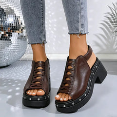 Sandale de Damă cu Toc Gros și Platformă (8cm) - Piele Lucioasă, Stil Retro cu Capse