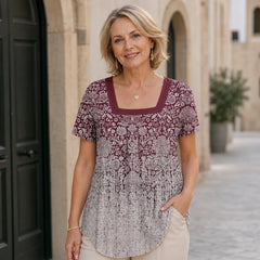 Bluză de Vară Casual cu Guler Pătrat și Detalii Plisate, Tricou Lejer cu Imprimeu Floral, Material Moale, Respirabil și Prietenos cu Pielea