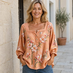 【Stil Retro Francez】Cămașă Elegantă cu Guler Pătrat și Imprimeu Floral, Bluză Lejeră cu Mâneci Trei Sferturi Bufante (6 Culori, Mărimi S-5XL) ✨