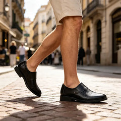 Pantofi Eleganți din Piele Naturală pentru Bărbați, Model de Vară Perforat și Respirabil, Pantofi Oxford Business-Casual Fără Șireturi