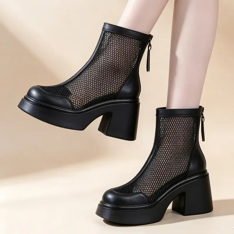 👢【Înălțare 5CM】Botine moderne cu plasă și perforații, cu talpă groasă