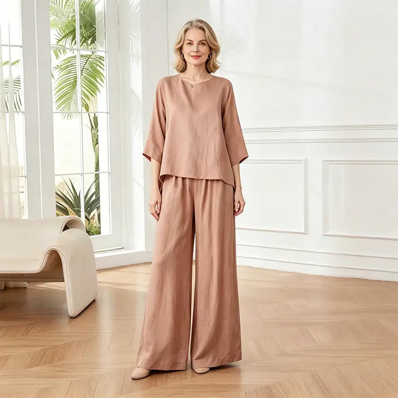 Set Casual din 2 Piese pentru Damă – Bluză Lejeră cu Mânecă Trei Sferturi și Pantaloni Largi cu Talie Înaltă, Material Respirabil și Confortabil de Vară