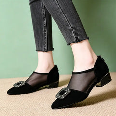 Pantofi Eleganți de Damă cu Plasă și Cataramă cu Pietre - Toc Gros și Design Rafinat