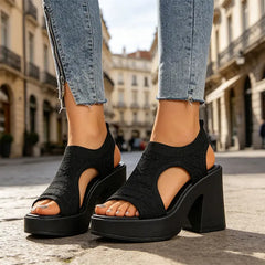 👡 Sandale cu toc gros din material tricotat elastic｜confortabile, ușor de asortat + respirabile, nu încălzesc piciorul