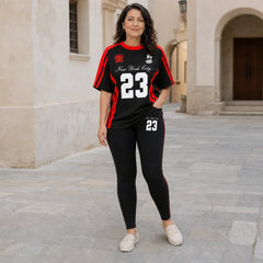 Compleu Sport de Vară din 2 Piese pentru Femei – Tricou Lejer cu Imprimeu în Stil American și Colanți Lungi