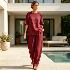 Set Casual de Vară din 2 Piese pentru Femei: Bluză cu Mânecă Scurtă și Pantaloni Lungi Largi, Material Respirabil cu Textură In