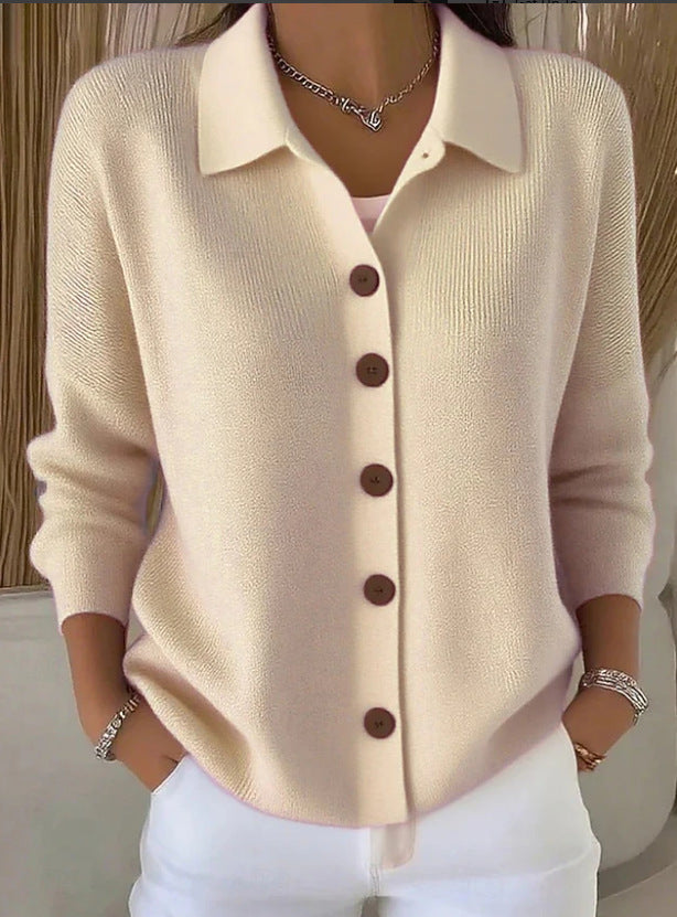 【Nouă colecție】Cardigan tricotat, monocrom, cu nasturi și guler înalt